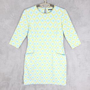 J McLaughlin Catalyst Sheath Dress 3/4 Sz M Sleeves Blue Yellow Geometric Pocket